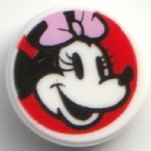 Lego Tile Round 1 x 1 with Minnie Mouse, Sideways on Red Background Print