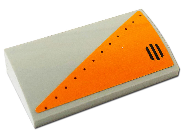 Lego Slope, Curved 2 x 4 x 2/3 with Bottom Tubes with Orange Triangle with Rivets and Black Grille Pattern Model Left Side (Sticker) - Set 76193 / Light Bluish Gray