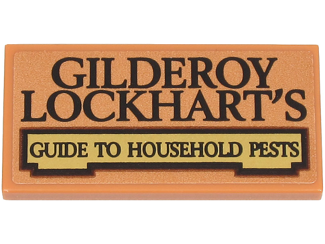Lego Tile 2 x 4 with Dark Brown 'GILDEROY LOCKHART'S' and Gold Book Label with 'GUIDE TO HOUSEHOLD PESTS' Pattern (Sticker) - Set 76461 / Medium Nougat