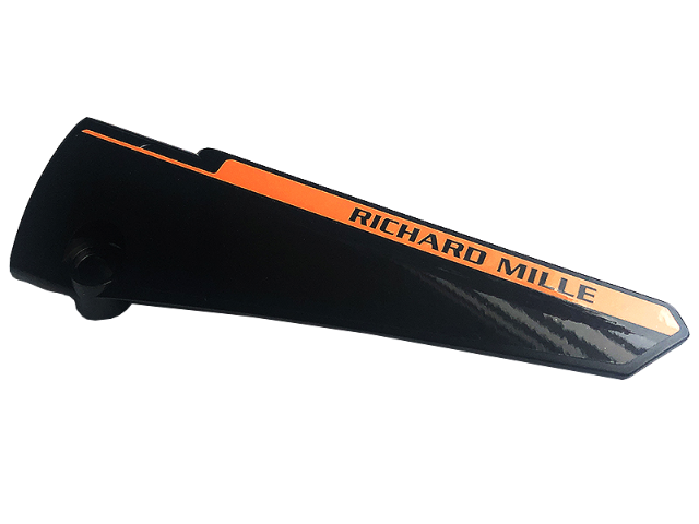 Lego Technic, Panel Fairing # 6 Long Smooth, Side B with Black 'RICHARD MILLE' on Orange Stripe Pattern (Sticker) - Set 42141 / Black