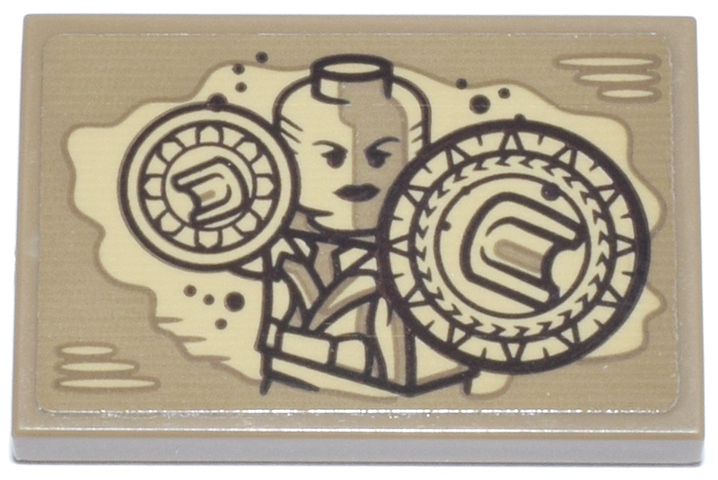 Lego Tile 2 x 3 with Tan and Dark Brown Ancient One with Magic Energy Mandala Shields Pattern (Sticker) - Set 76218 / Dark Tan