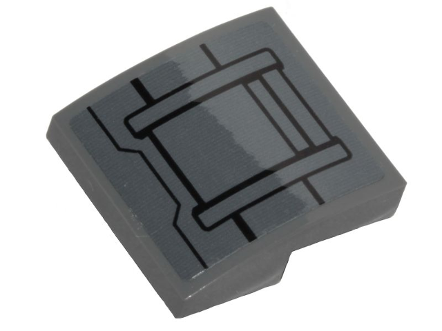 Lego Slope, Curved 2 x 2 x 2/3 with Black Ace TIE Interceptor Hull Plates Pattern (Sticker) - Set 75242 / Dark Bluish Gray