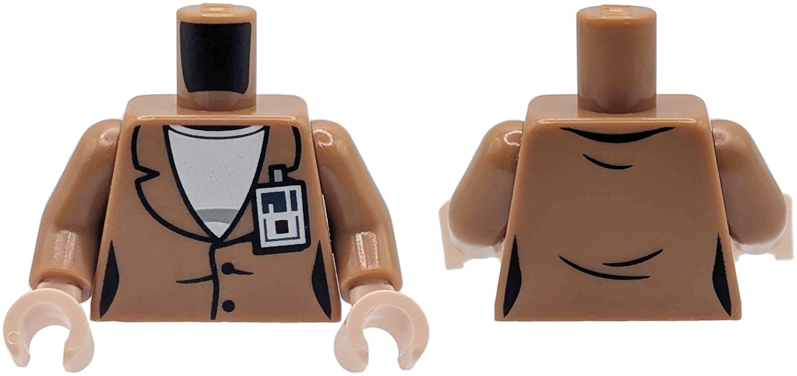Lego Torso Female Suit Jacket with Black Buttons and Creases over White Shirt with Light Bluish Gray Stripe, ID Badge Pattern / Medium Nougat Arms / Light Nougat Hands
