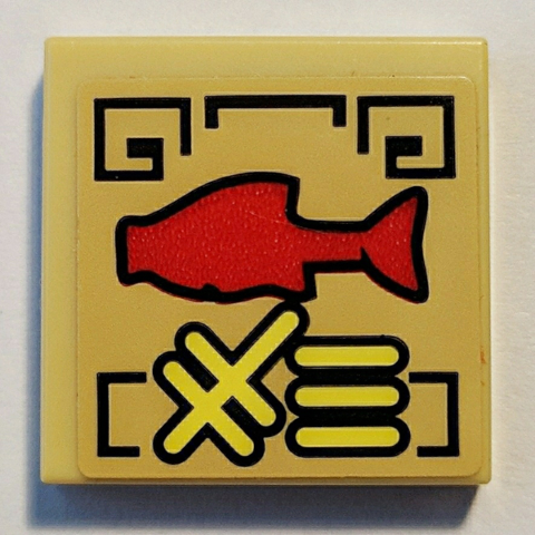 Lego Tile 2 x 2 with Red Fish and Gold Ninjago Logogram '96' on Tan Background Pattern (Sticker) - Set 70607