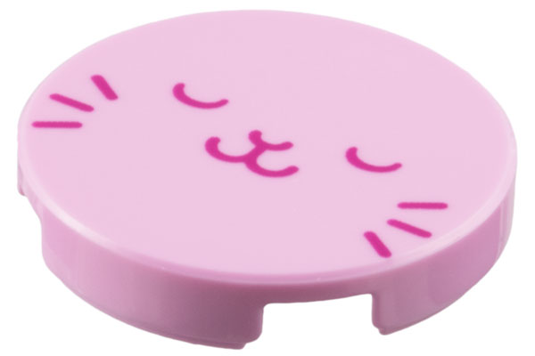 Lego Tile, Round 2 x 2 with Bottom Stud Holder with Magenta Sleeping Cat Face Pattern