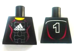 Lego Torso Soccer Uniform Black Shirt with White Adidas Logo, Red Curved Lines and Number 1 on Back, Yellow Neck Pattern (Stickers) / Black