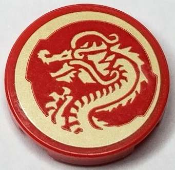 Lego Tile, Round 2 x 2 with Bottom Stud Holder with Gold Dragon in Circle Pattern (Sticker) - Set 70677 / Red