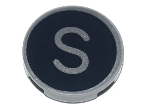 Lego Tile, Round 2 x 2 with Bottom Stud Holder with Silver Capital Letter S on Black Background Pattern