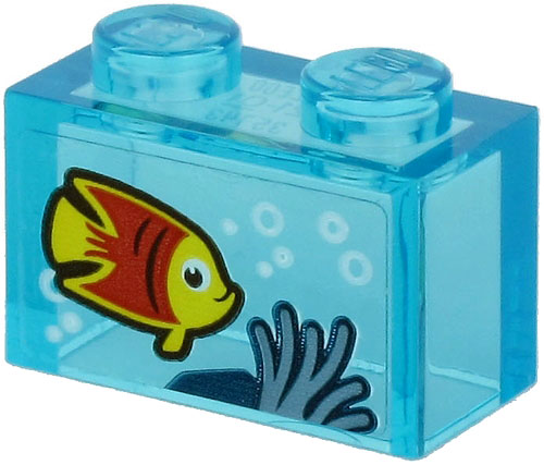 Lego Brick 1 x 2 without Bottom Tube with Yellow and Red Fish and Sand Blue Seagrass on Transparent Background Pattern (Sticker) - Set 60266