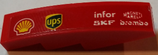 Lego Slope, Curved 4 x 1 with 'MAGNETI MARELLI', 'brembo', 'infor', 'SKF' and ups and Shell Logos Pattern Model Left Side (Sticker) - Set 75913