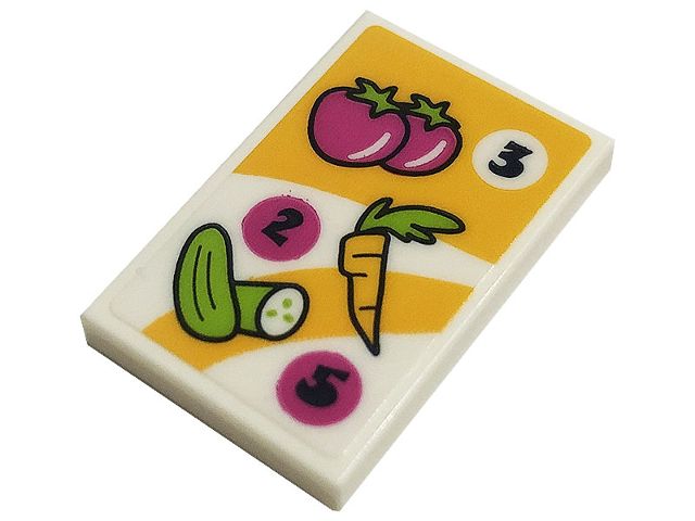 Lego Tile 2 x 3 with Menu with Black Number 2, 3 and 5, Carrot, Tomatoes and Cucumbers on Bright Light Orange and White Background Pattern (Sticker) - Set 41444 / White