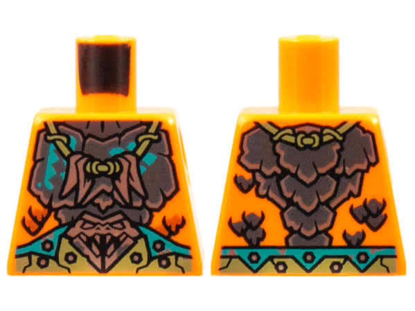 Lego Torso Silver and Copper Snake Head Breastplate, Olive Green Necklace and Belt, Dark Turquoise Trim Pattern / Orange
