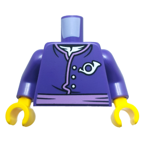 Lego Torso, Tunic, Lavender Trim, Sash, Silver Postal Symbol print, Dark Purple Arms, Yellow Hands / Dark Purple