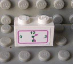 Lego Brick 1 x 2 with Dark Pink and Green Clock Pattern (Sticker) - Set 5895 / White