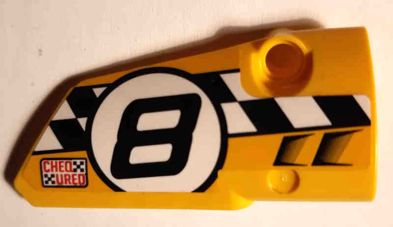 Lego Technic, Panel Fairing # 4 Small Smooth Long, Side B with 'CHEQ URED' and Black Number 8 on Checkered Background Pattern (Sticker) - Set 42058 / Yellow