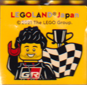 Lego Brick 2 x 4 x 3 with LEGOLAND Japan, Toyota GR Supra Driver Minifigure, Checkered Flag, and Trophy Pattern