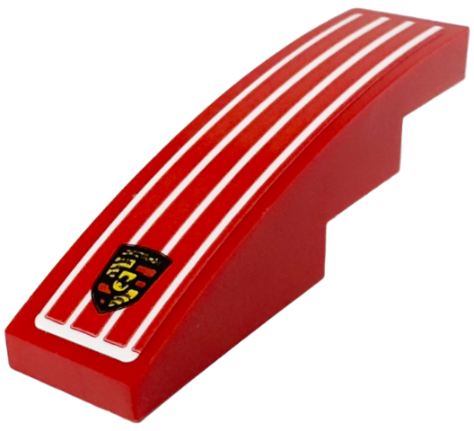 Lego Slope, Curved 4 x 1 with 4 White Lines and Porsche Logo Pattern (Sticker) - Set 76916 / Red