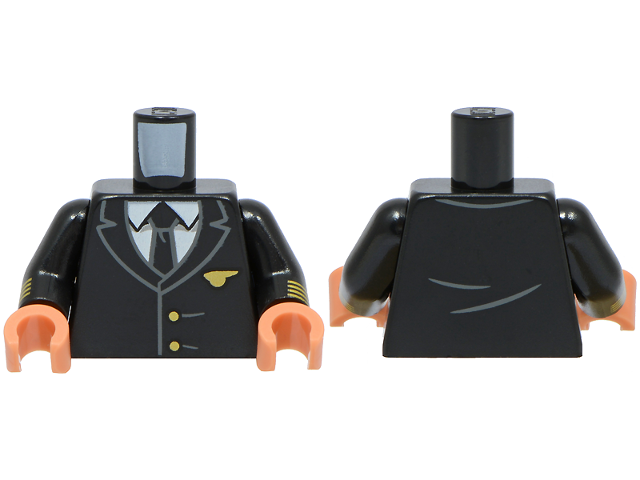Lego Torso Suit Jacket with Gold Buttons and Pan Am Cabin Crew Wing Pin, Tie, White Shirt Pattern / Black Arms with 4 Gold Stripes Pattern / Nougat Hands