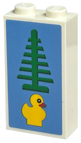 Lego Brick 1 x 2 x 3 with Green Tree and Yellow Duckling on Medium Blue Background Pattern (Sticker) - Set 40574 / White