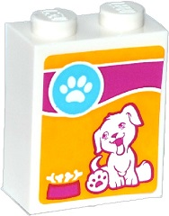 Lego Brick 1 x 2 x 2 with Inside Stud Holder with Paw Print, Dog Sitting and Bones in Bowl Pattern (Sticker) - Set 41085 / White