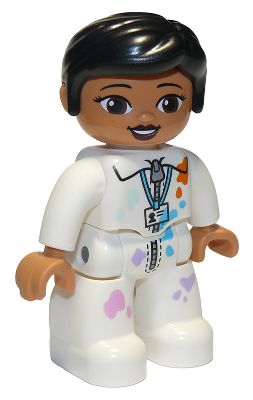 Lego Duplo Figure Lego Ville, Female, White Suit with Zipper, ID Badge, and Paint Splotches, Black Knot Bun Hair