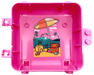 Lego Container, Box 3 x 8 x 6 2/3 Half Back with Bright Light Yellow, Coral and White Beach Umbrella, Dark Turquoise Sea, Sand Castle, Palm Trees, Bucket and Spade Pattern (Sticker) - Set 41412 / Dark Pink