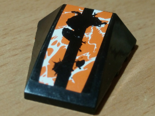 Lego Wedge 4 x 4 Triple Curved No Studs with Black, Orange and White Splatter Pattern (Sticker) - Set 42007 / Black