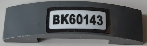 Lego Slope, Curved 4 x 1 x 2/3 Double with 'BK60143' Pattern (Sticker) - Set 60143 / Dark Bluish Gray