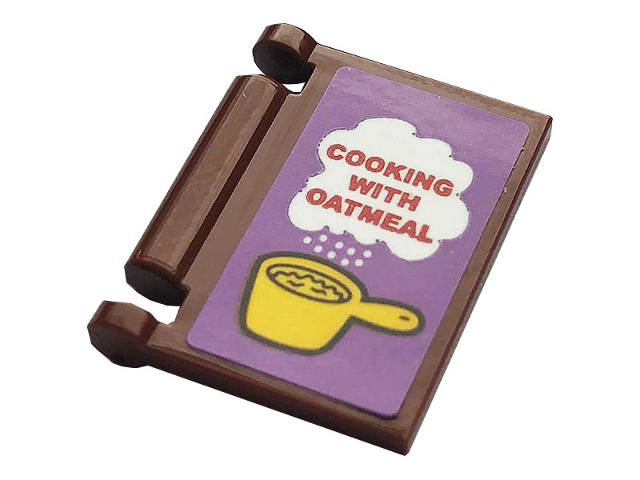 Lego Minifigure, Utensil Book Cover with Red 'COOKING WITH OATMEAL', White Steam, and Yellow Pan on Medium Lavender Background Pattern (Sticker) - Set 21324 / Reddish Brown