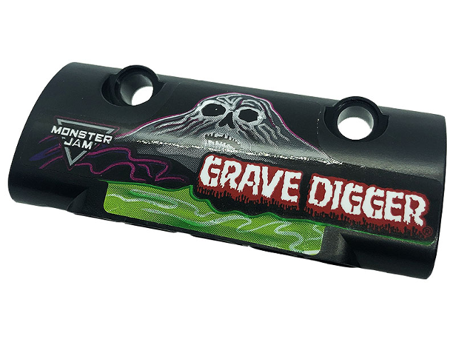 Lego Technic, Panel Curved 7 x 3 with 2 Pin Holes through Panel Surface with White 'GRAVE DIGGER', Skull and Logo 'MONSTER JAM' Pattern Model Left Side (Sticker) - Set 42118