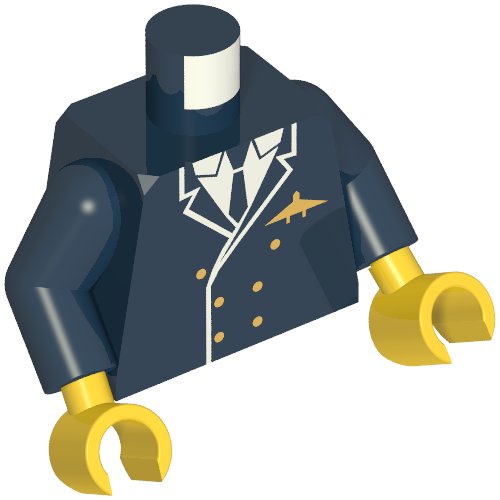 Lego Torso Pilot Jacket, Suit Double Breasted, Tie, Gold Buttons and Logo Pin Print, Dark Blue Arms, Yellow Hands / Dark Blue