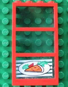 Lego Window 1 x 4 x 6 with 3 Panes with Fixed Trans-Light Blue Glass with Pizza Pointing Left Pattern (Sticker) - Set 4556 / Red