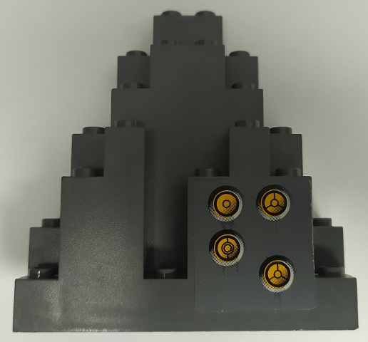 Lego Rock Panel 3 x 8 x 7 Triangular (LURP) with 4 Yellow Circles with Bionicle Code Pattern (Sticker) - Set 8769 / Dark Bluish Gray