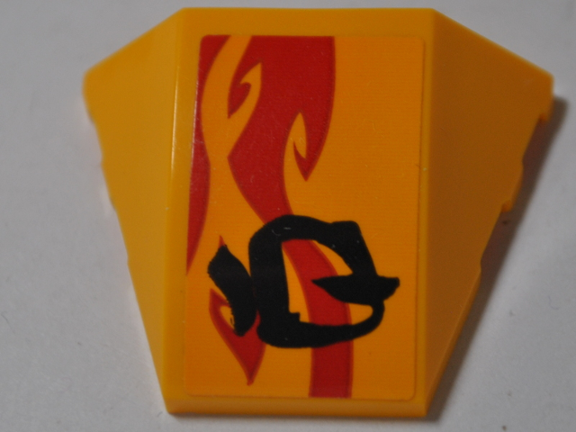 Lego Wedge 4 x 3 Triple Curved No Studs with Red Flame and Black Asian Character on Bright Light Orange Background Pattern Model Left Side (Sticker) - Set 70638