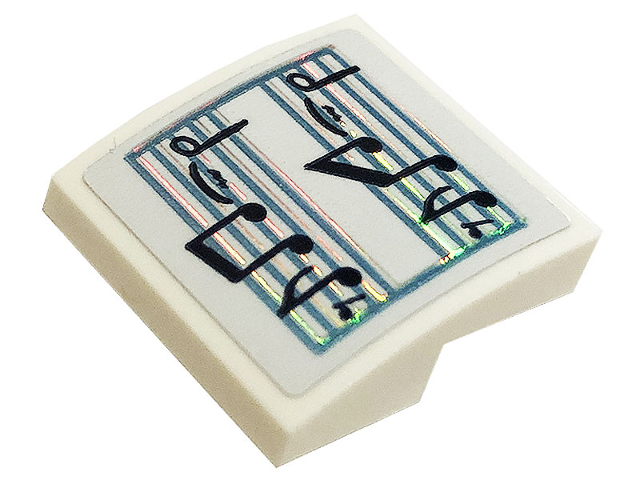 Lego Slope, Curved 2 x 2 x 2/3 with Black Music Notes on Metallic Light Blue Score Pattern (Sticker) - Set 43197 / White