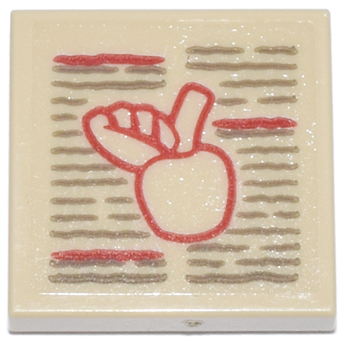 Lego Tile 2 x 2 with Red Apple and Dark Tan Text Pattern (Sticker) - Set 76218