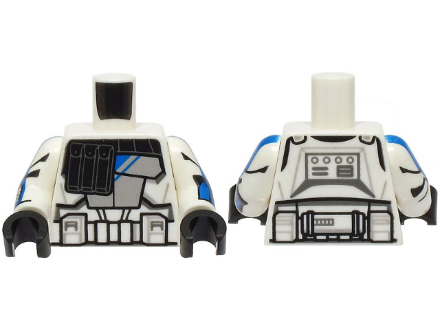 Lego Torso SW Armor Black Pouches, Light Bluish Gray Panel with Blue Stripes, Detailed Belt Pattern (Clone Wars) / White Arms with Armor and Blue Stripes Pattern / Black Hands