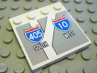 Lego Tile, Modified 4 x 4 with Studs on Edge with Interstate Road Signs '405 SOUTH' and '10 WEST' Pattern (Sticker) - Sets 8147 / 8495 / White