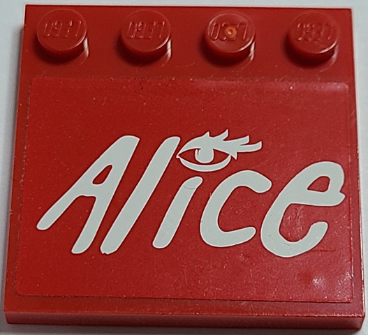 Lego Tile, Modified 4 x 4 with Studs on Edge with White 'Alice' Logo and Eye with Eyelashes Pattern (Sticker) - Set 8157 / Red