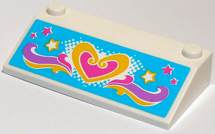 Lego Slope 33 3 x 6 without Inner Walls with Dark Pink and Yellow Heart and Stars and Waves on Medium Azure Background Pattern (Sticker) - Set 41015 / White