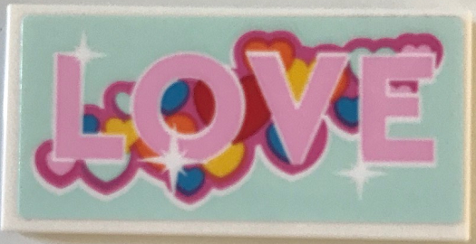 Lego Tile 2 x 4 with Bright Pink 'LOVE' and Multicolored Hearts on Light Aqua Background Pattern (Sticker) - Set 40679 / White