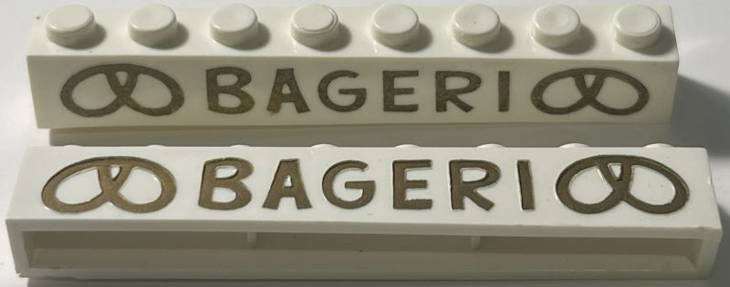 Lego Brick 1 x 8 without Bottom Tubes with Cross Side Supports with Dark Gold 'BAGERI' and Pretzels Wide Pattern / White