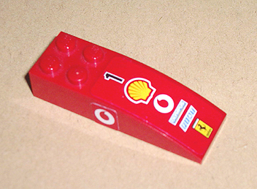 Lego Slope, Curved 6 x 2 with Number 1, Shell, Vodafone, Olympus, Fiat, and Ferrari Logos on Top, Vodafone Logo on Both Sides Pattern (Stickers) - Sets 8362 / 8375 / 8654