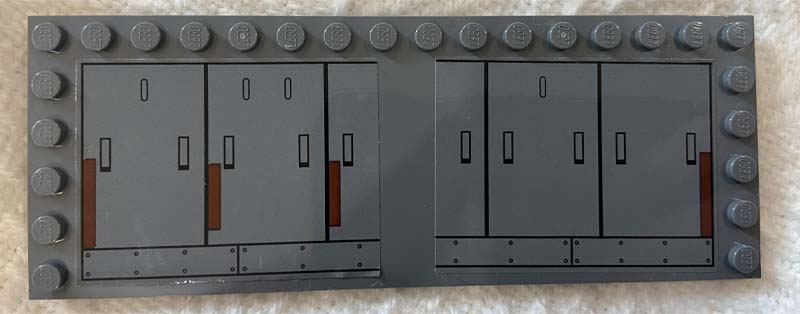 Lego Tile, Modified 6 x 16 with Studs on Edges with SW Hull Panel Doors, Black Lines and Handles and Reddish Brown Rectangles Pattern (Stickers) - Set 75217