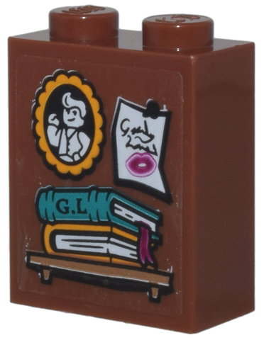 Lego Brick 1 x 2 x 2 with Inside Stud Holder with Gilderoy Lockhart Portrait and Autograph, Shelf, and Books with 'G.L.' Pattern (Sticker) - Set 76437