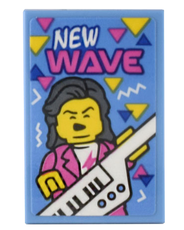 Lego Tile 2 x 3 with Poster 80s Musician Keytar Player, Dark Pink, Yellow and Dark Blue Triangles and 'NEW WAVE' Pattern (Sticker) - Set 10306