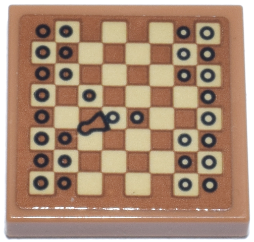 Lego Tile 2 x 2 with Chessboard with Tan Squares, Black Circles and Knocked over Chess Piece Pattern (Sticker) - Set 42670 / Medium Nougat