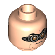 Lego Minifig Head Dr Octopus (Doc Ock), Brown and Silver Goggles, Frown / Open Mouth Smile Print / Light Nougat