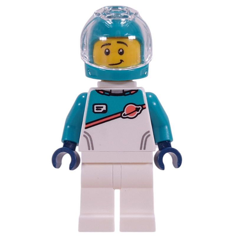 Lego Astronaut, White/Dark Turquoise Suit, Dark Turquoise Helmet, Neck Bracket