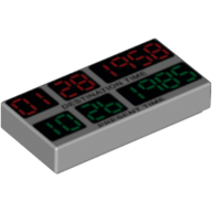 Lego Tile 1 x 2 with Red '01 28 1958', Green '10 26 1985', Black 'DESTINATION TIME' and 'PRESENT TIME' Print / Light Bluish Gray